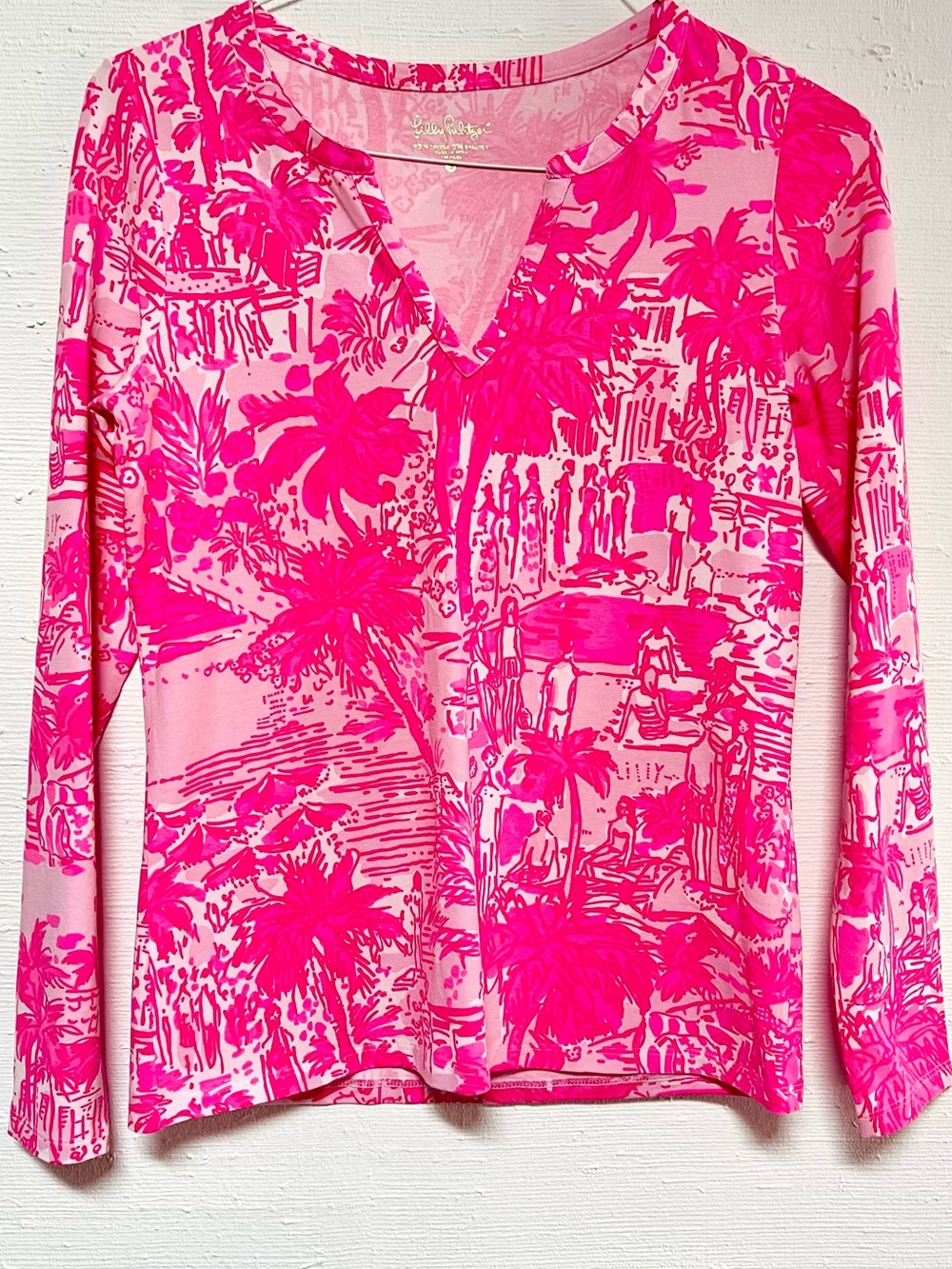 Lilly Pulitzer Hot Pink Palm-Print V-Neck Long Sleeve Top